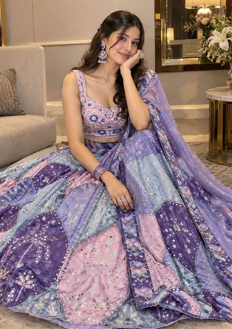Pink Printed Chinon Lehenga Set - Indya