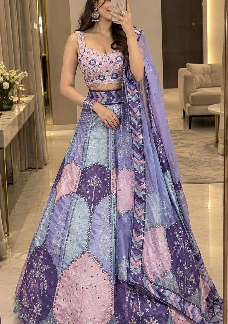 Pink Printed Chinon Lehenga Set - Indya