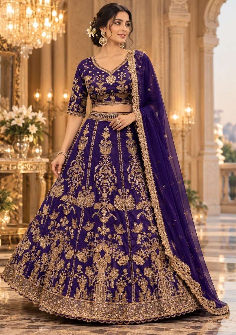 Purple Sequin Work Georgette Lehenga Set - Indya
