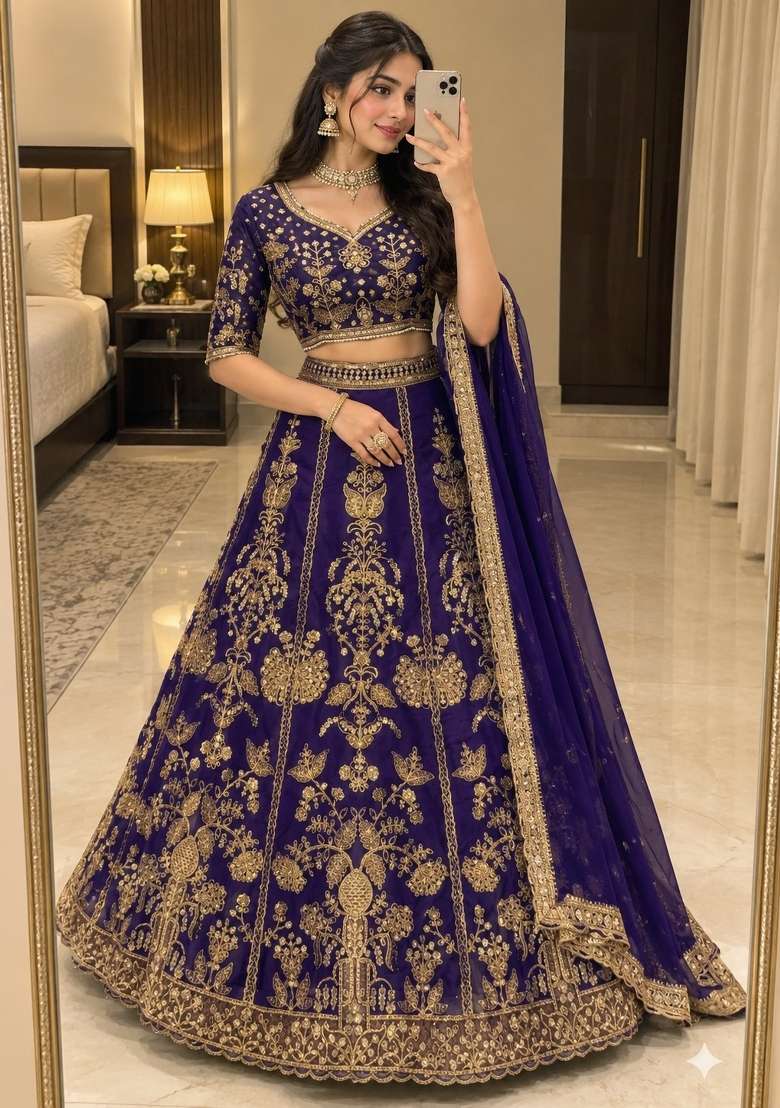 Purple Sequin Work Georgette Lehenga Set - Indya