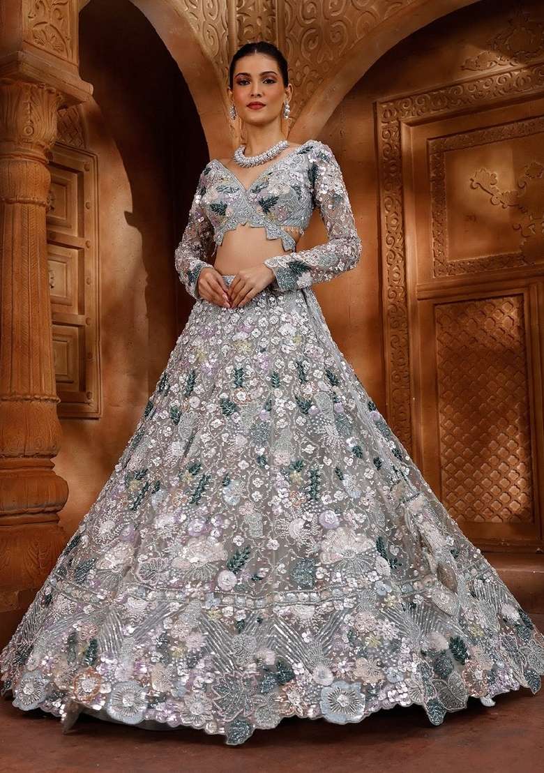 White Embroidered Net Lehenga Set - Indya