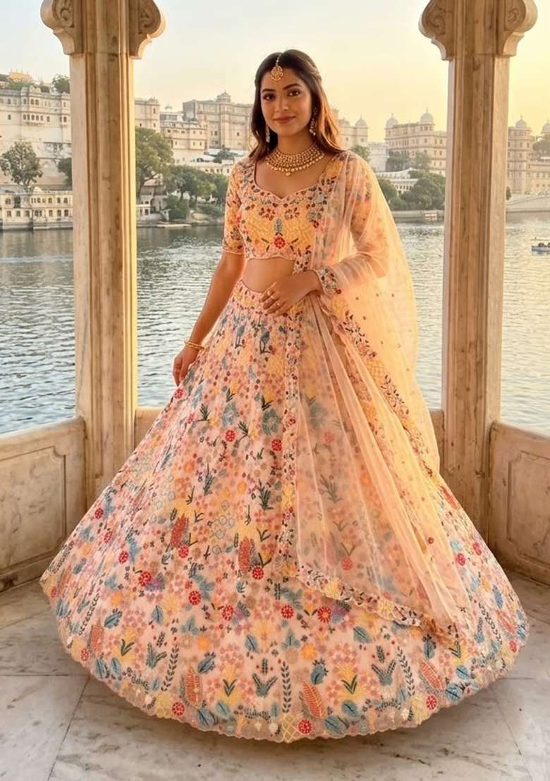 Soft Peach Embroidered Net Lehenga Set - Indya