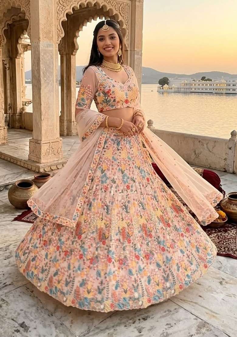 Soft Peach Embroidered Net Lehenga Set - Indya