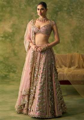 Peach Embroidered Net Lehenga Set