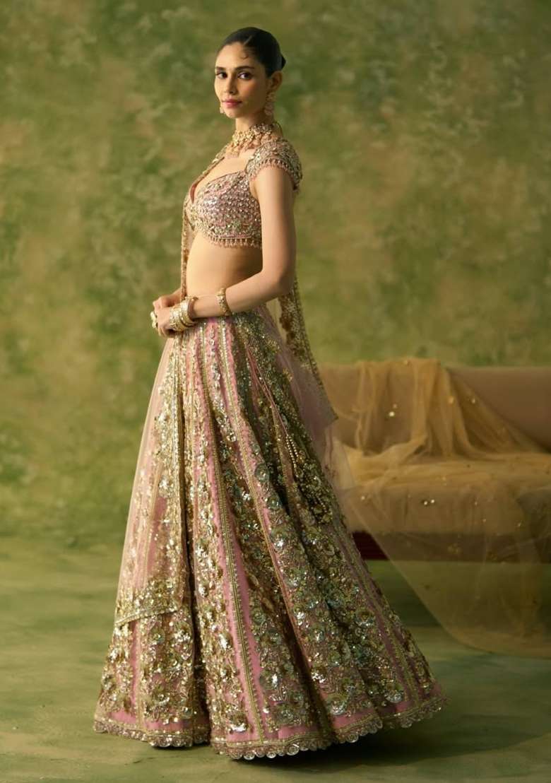 Peach Embroidered Net Lehenga Set - Indya