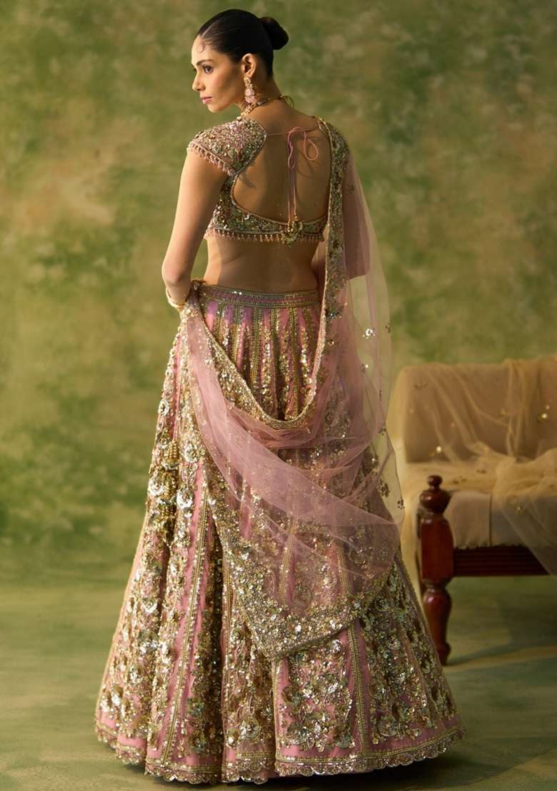 Peach Embroidered Net Lehenga Set - Indya