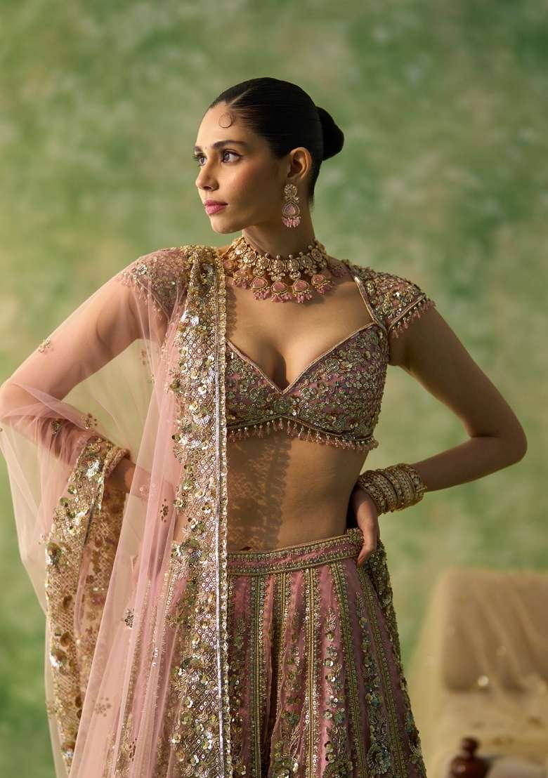 Peach Embroidered Net Lehenga Set - Indya