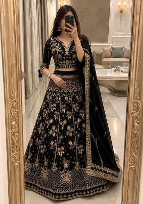 Black Sequin Work Chinon Lehenga Set
