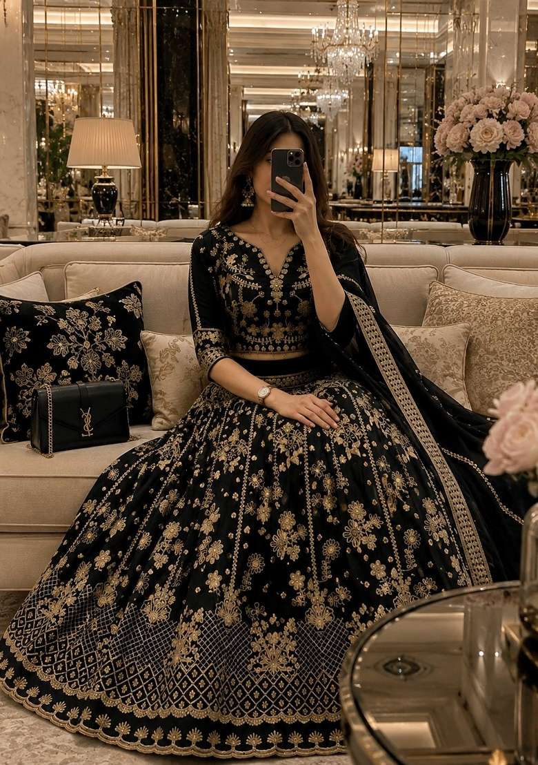 Black Sequin Work Chinon Lehenga Set - Indya
