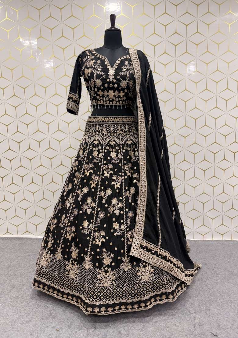 Black Sequin Work Chinon Lehenga Set - Indya