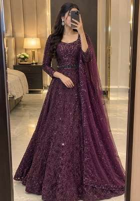 Purple Sequin Work Net Lehenga Set