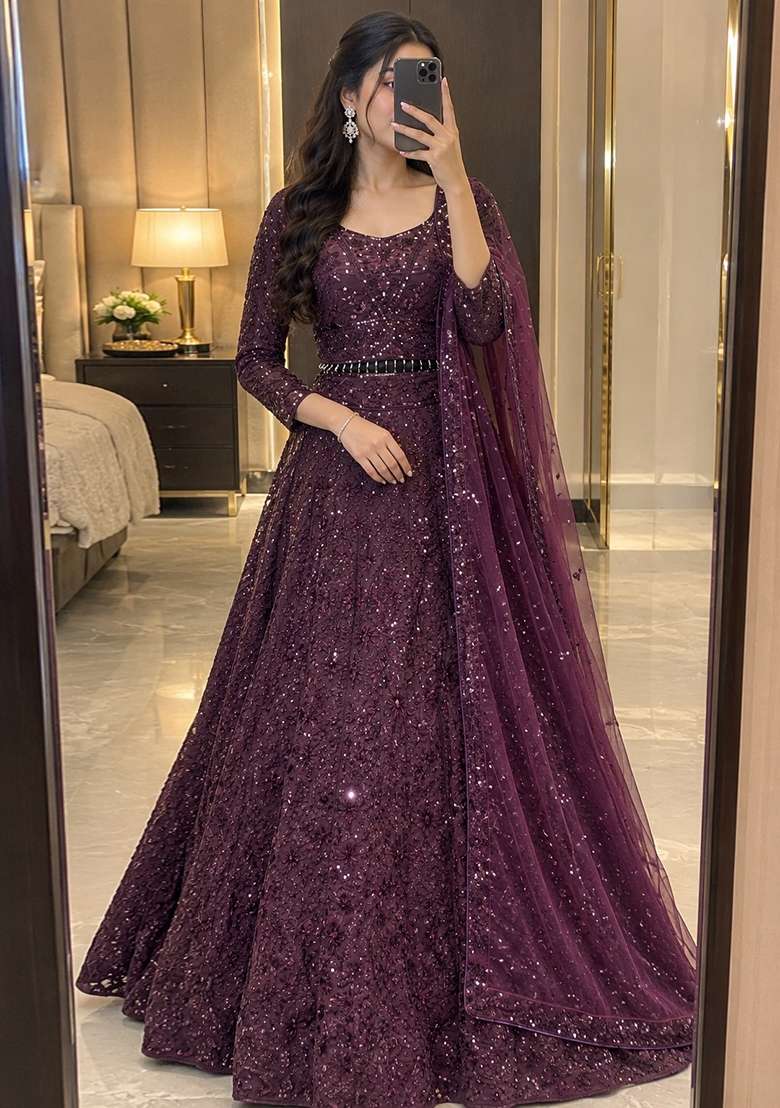 Purple Sequin Work Net Lehenga Set - Indya