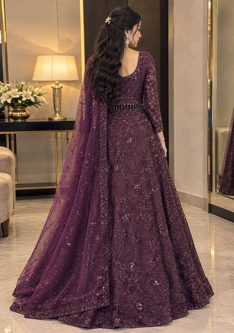 Purple Sequin Work Net Lehenga Set - Indya