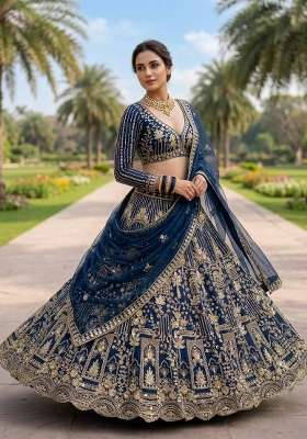 Blue Sequin Work Net Lehenga Set