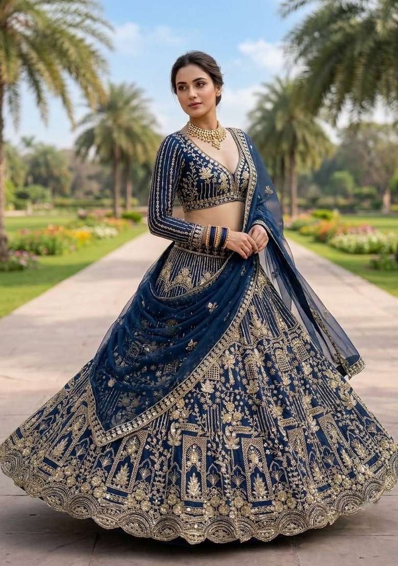 Blue Sequin Work Net Lehenga Set - Indya