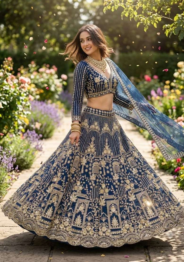 Blue Sequin Work Net Lehenga Set - Indya