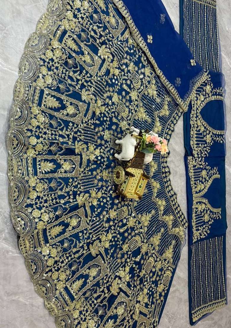Blue Sequin Work Net Lehenga Set - Indya