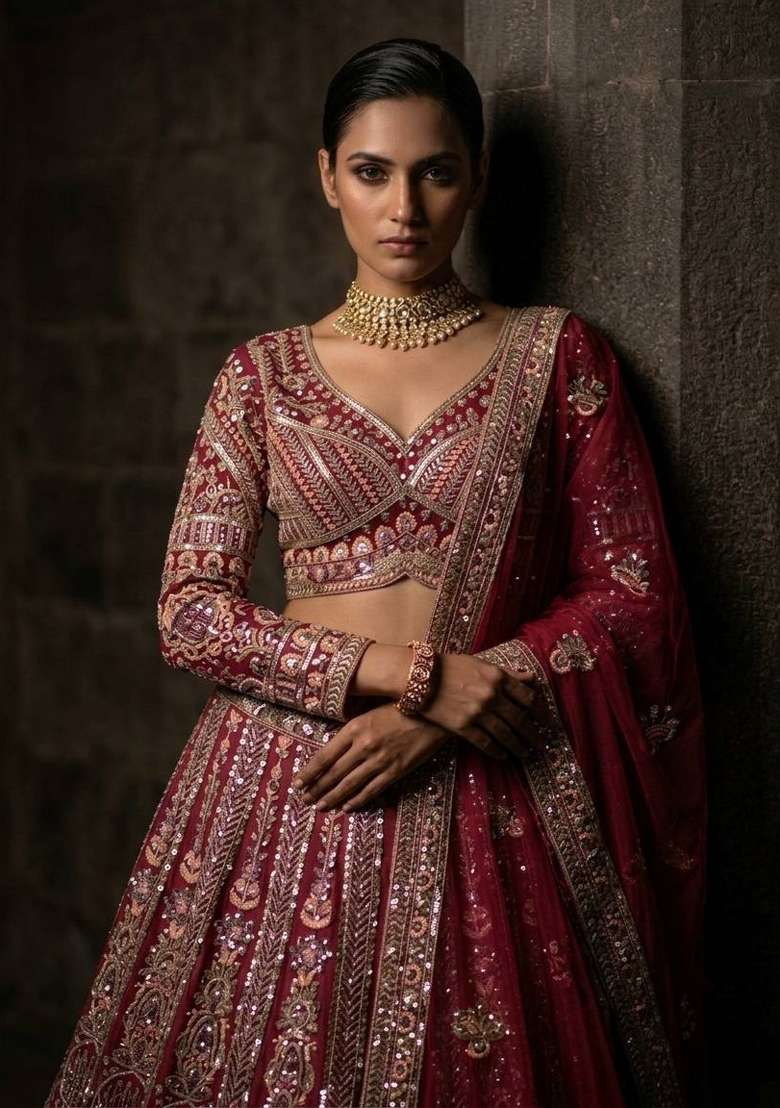 Rani Pink Embroidered Net Lehenga Set - Indya