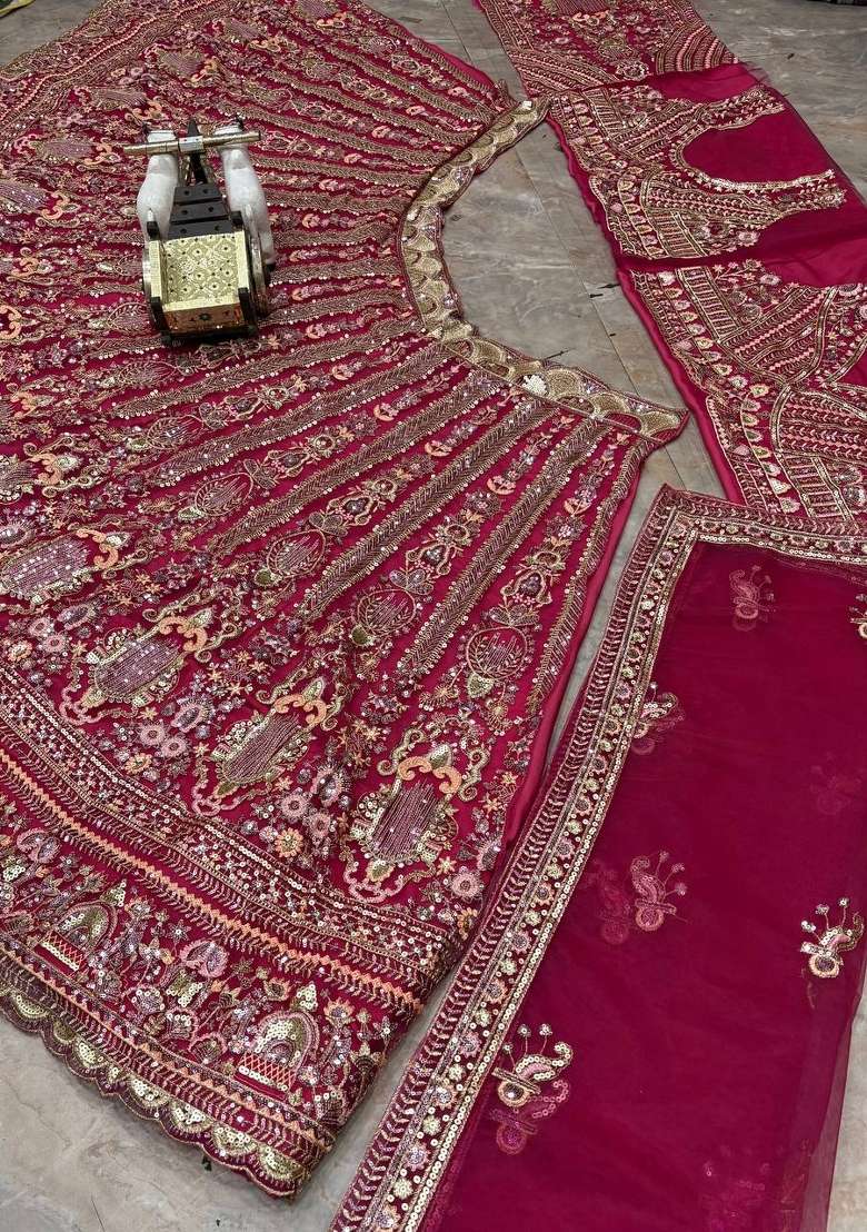 Rani Pink Embroidered Net Lehenga Set - Indya