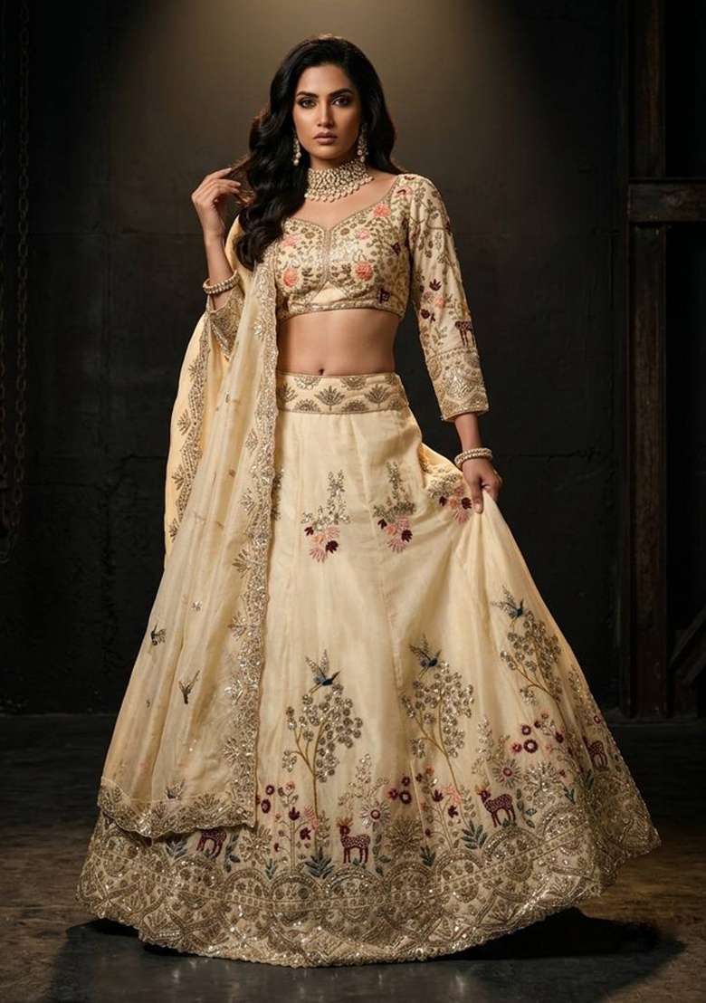 Cream Embroidered Fendi Lehenga Set - Indya