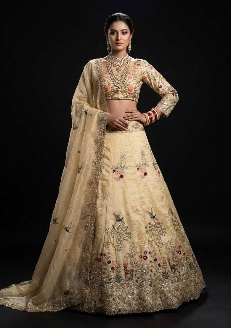 Cream Embroidered Fendi Lehenga Set - Indya