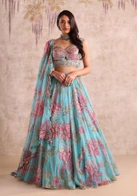 Teal Blue Printed Silk Lehenga Set