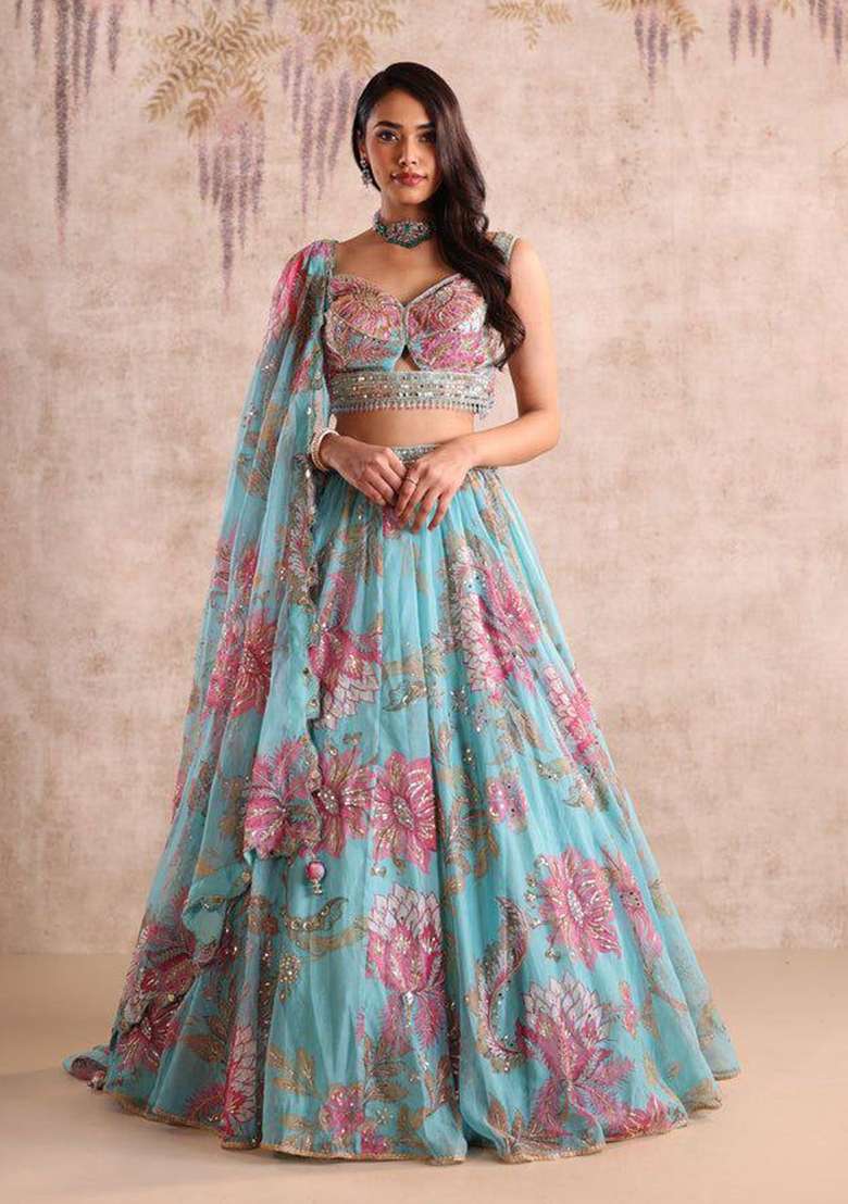 Teal Blue Printed Silk Lehenga Set - Indya