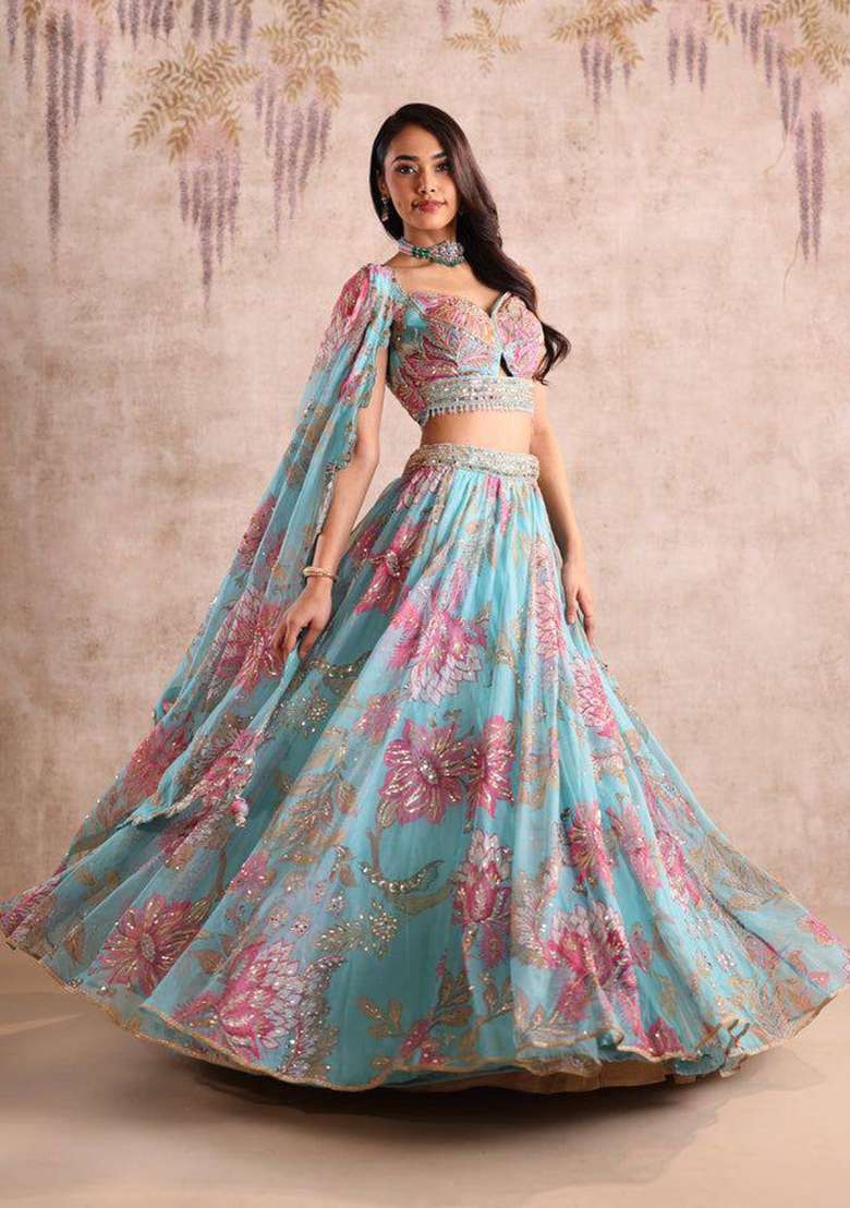 Teal Blue Printed Silk Lehenga Set - Indya