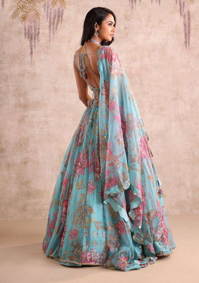 Teal Blue Printed Silk Lehenga Set - Indya