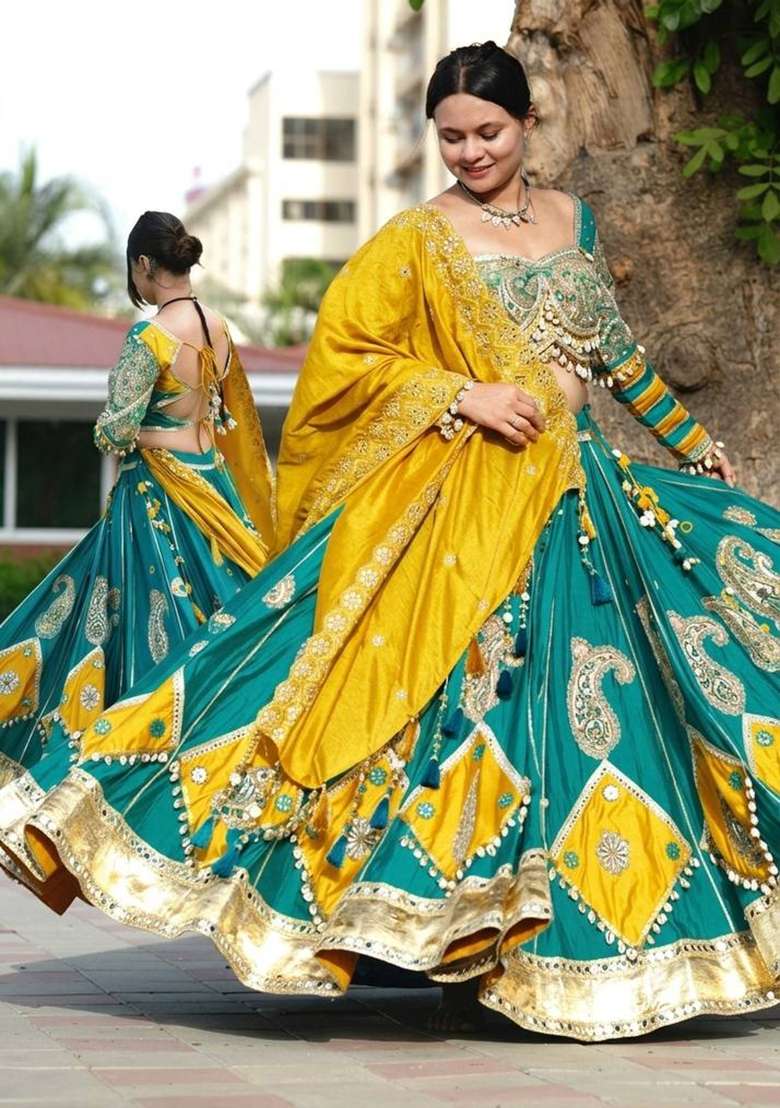 Yellow Printed Muslin Lehenga Set - Indya