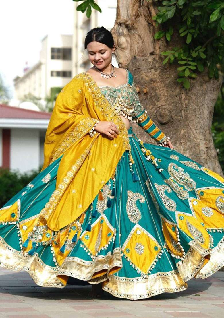 Yellow Printed Muslin Lehenga Set - Indya