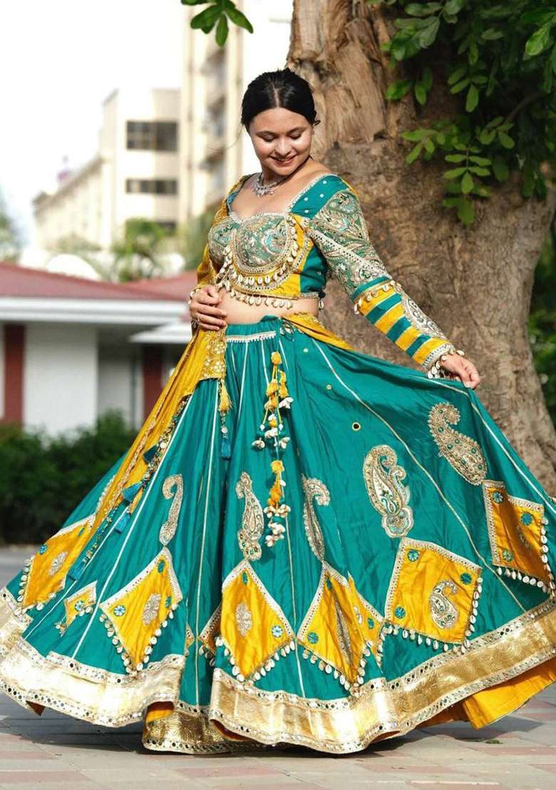 Yellow Printed Muslin Lehenga Set - Indya