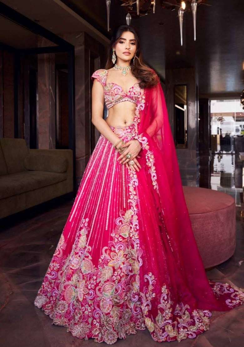 Pink Embroidered Silk Lehenga Set - Indya