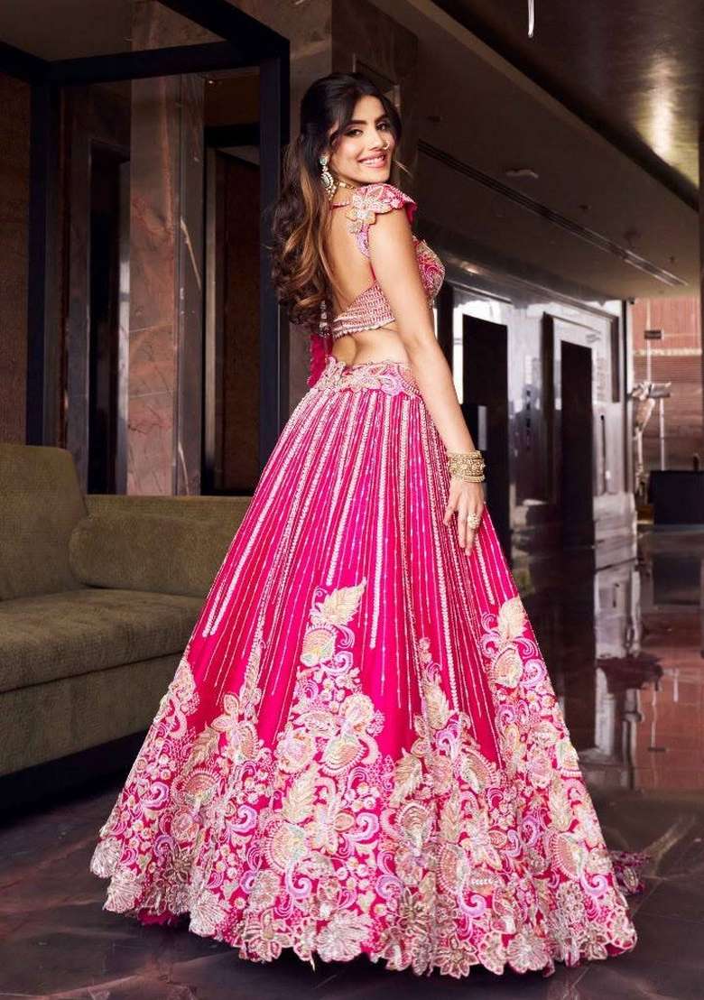 Pink Embroidered Silk Lehenga Set - Indya