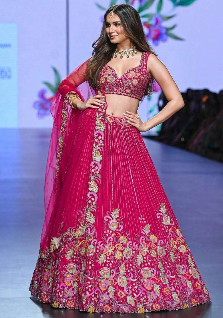 Pink Embroidered Silk Lehenga Set - Indya