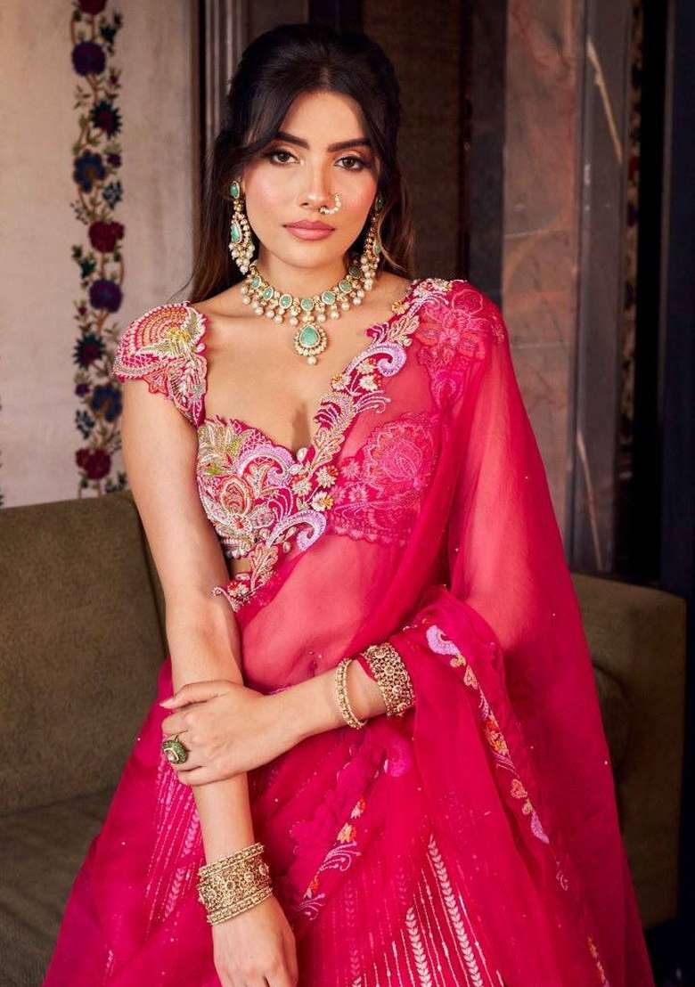 Pink Embroidered Silk Lehenga Set - Indya
