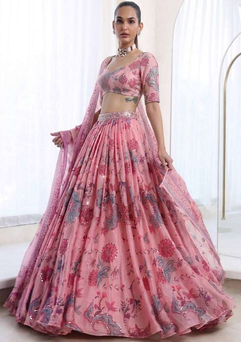 Pink Sequin Work Georgette Lehenga Set - Indya