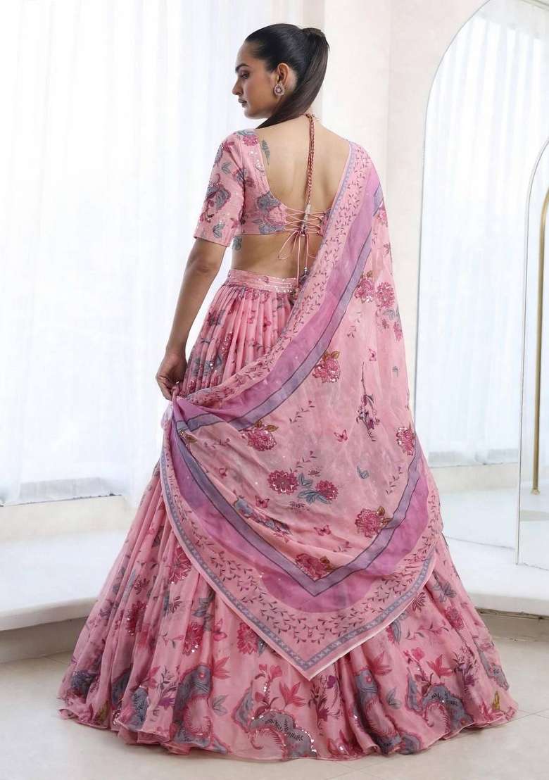 Pink Sequin Work Georgette Lehenga Set - Indya