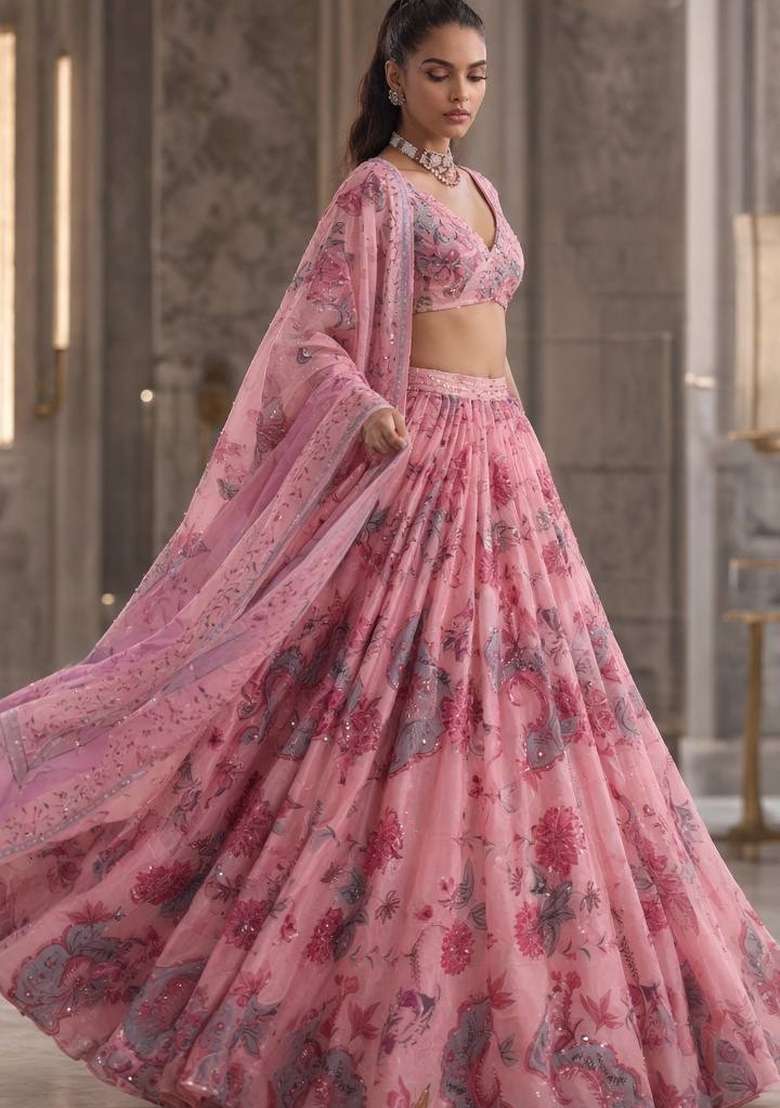 Pink Sequin Work Georgette Lehenga Set - Indya