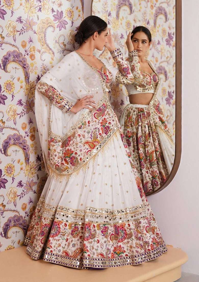 White Printed Georgette Lehenga Set - Indya