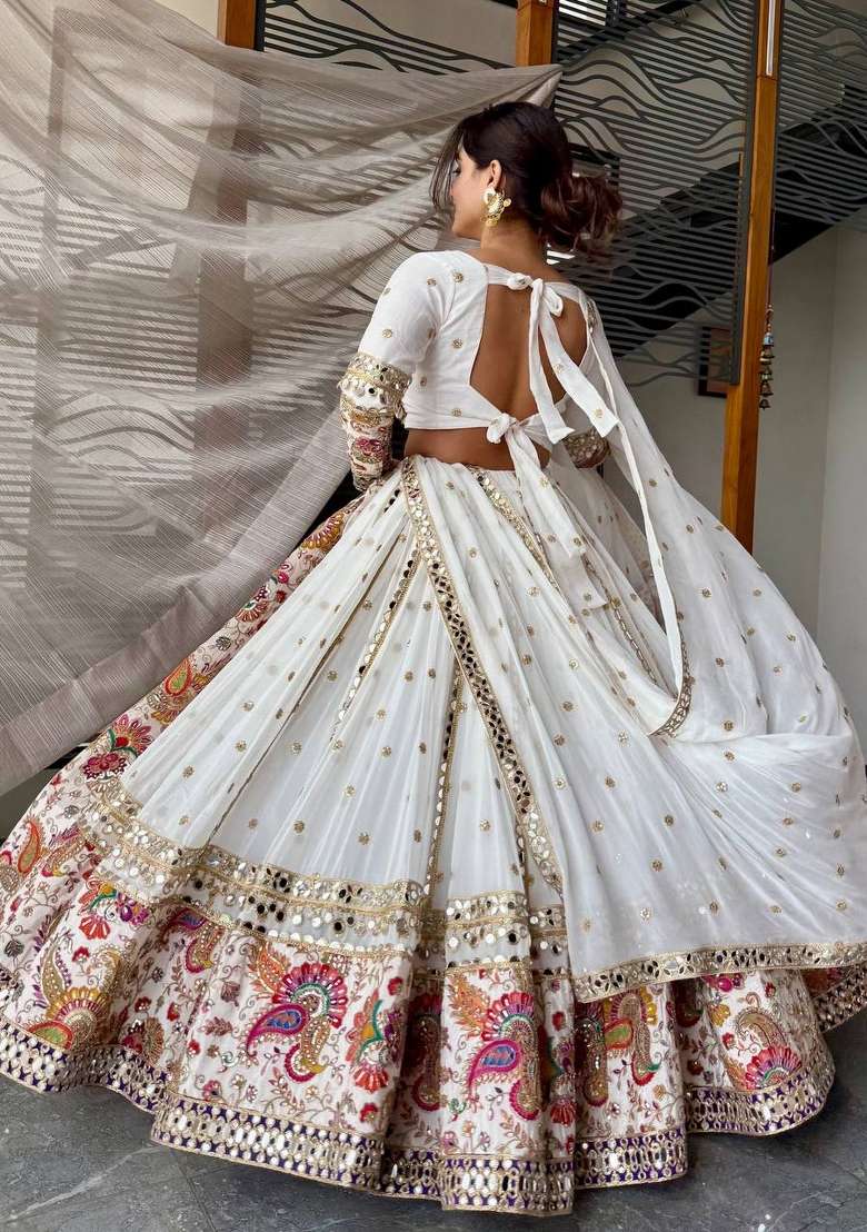 White Printed Georgette Lehenga Set - Indya