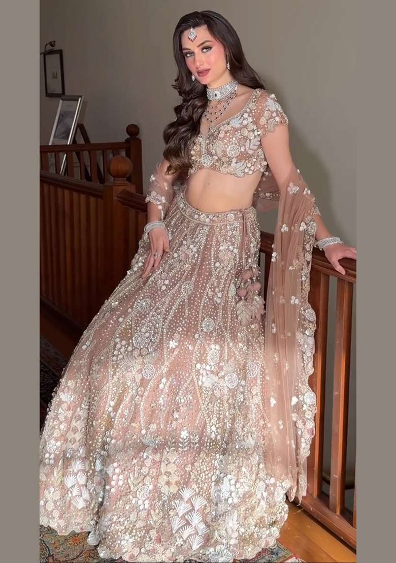 Taupe Sequin Work Net Lehenga Set - Indya