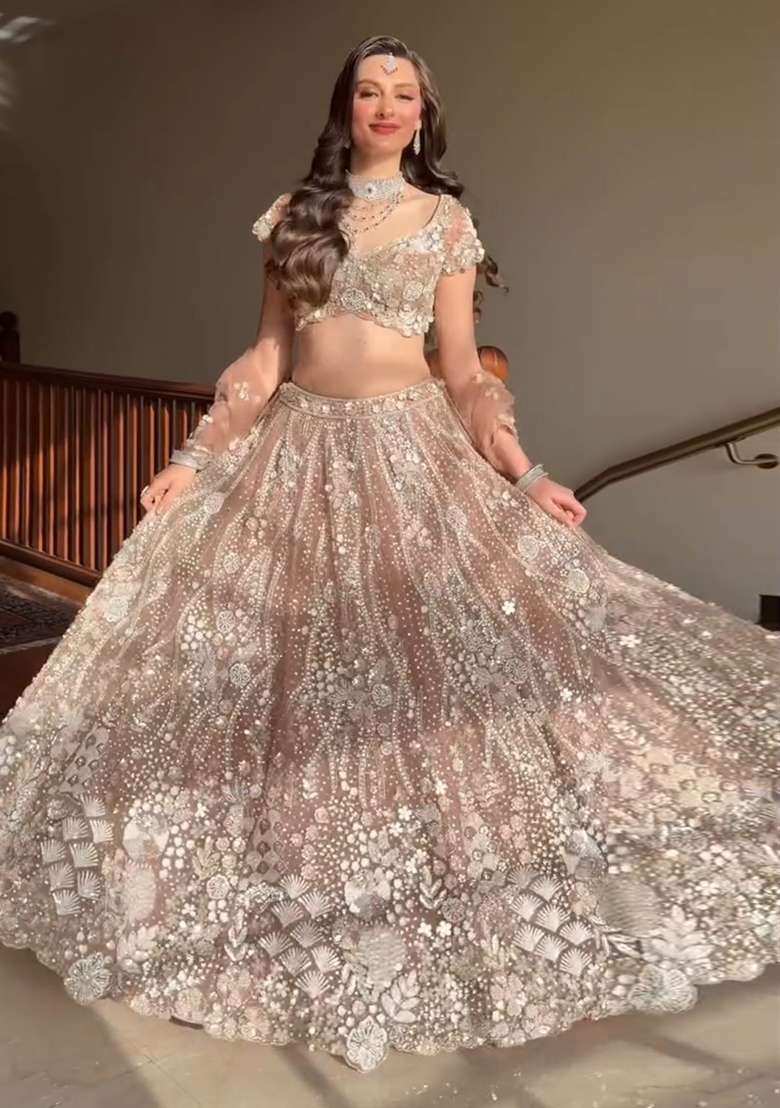 Taupe Sequin Work Net Lehenga Set - Indya