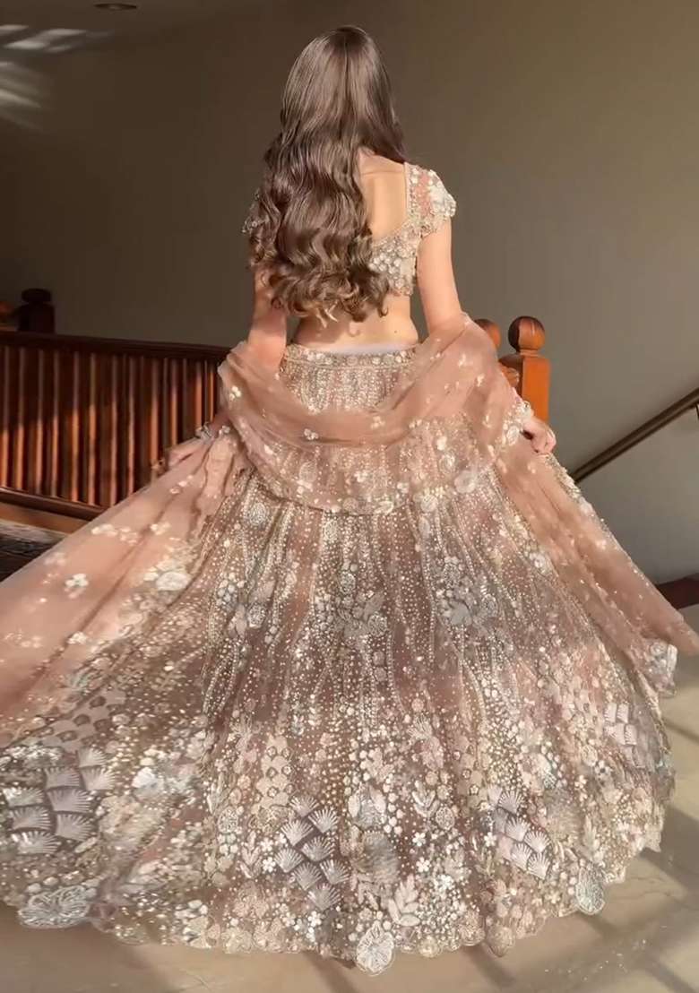 Taupe Sequin Work Net Lehenga Set - Indya