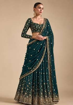Bottle Green Embroidered Georgette Lehenga Set