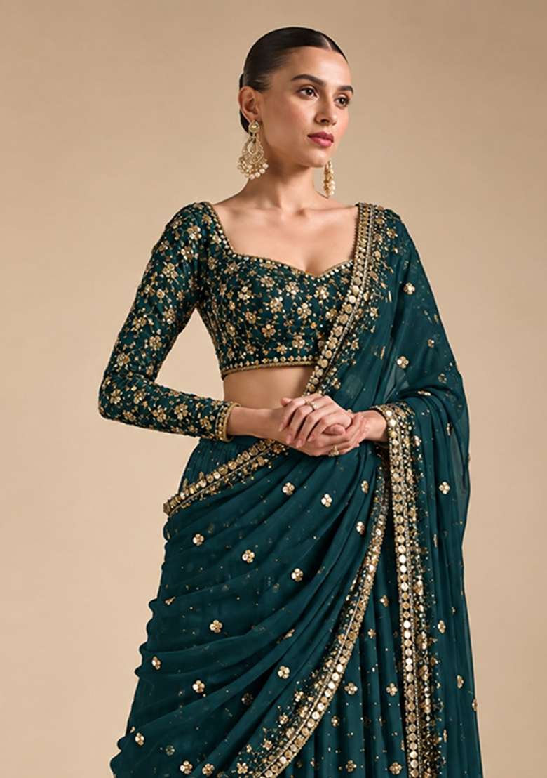 Bottle Green Embroidered Georgette Lehenga Set - Indya