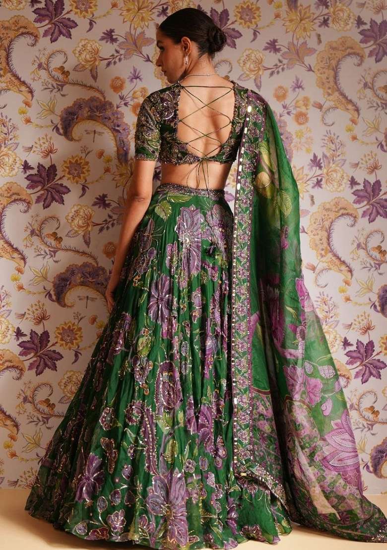 Green Embroidered Silk Lehenga Set - Indya