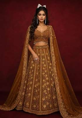 Copper Embroidered Net Lehenga Set