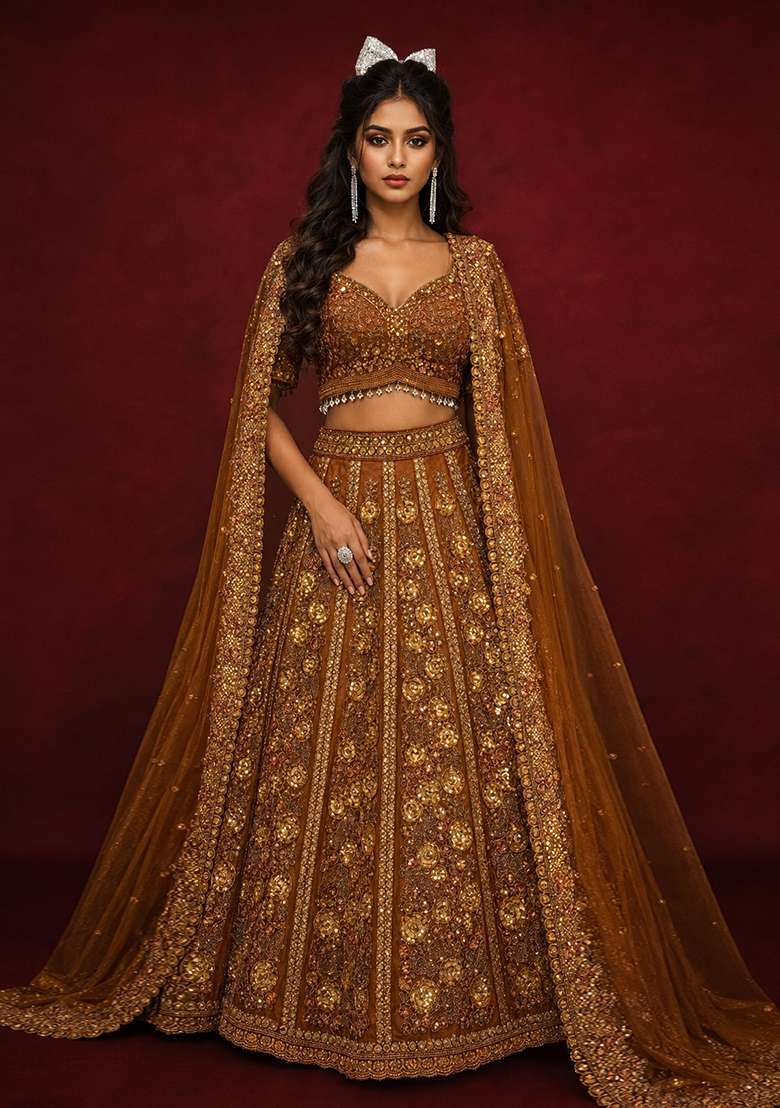 Copper Embroidered Net Lehenga Set - Indya