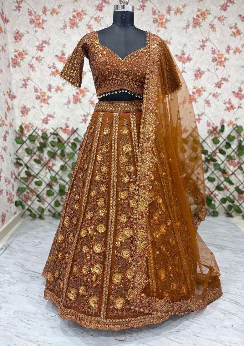Copper Embroidered Net Lehenga Set - Indya